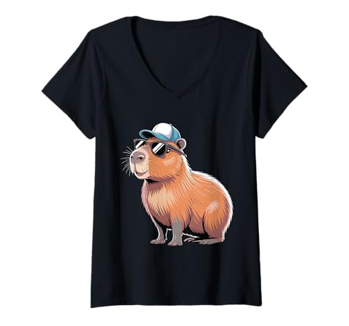 Damen Coole Capybara mit Sonnenbrille Lustiger Capybara-Liebhaber T-Shirt mit V-Ausschnitt Damen Coole Capybara mit Sonnenbrille Lustiger Capybara-Liebhaber T-Shirt mit V-Ausschnitt von Capybara Lover with Sunglasses