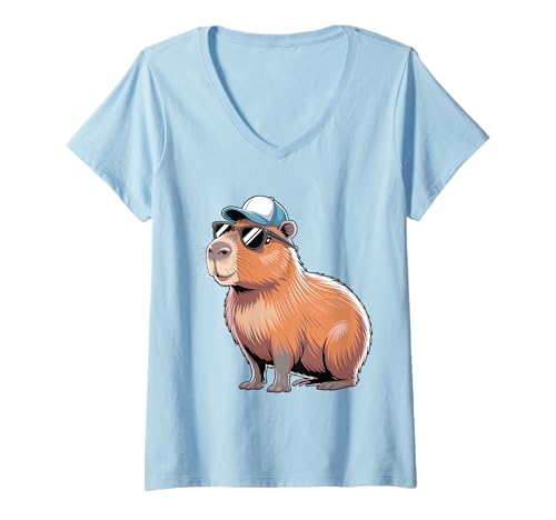 Damen Coole Capybara mit Sonnenbrille Lustiger Capybara-Liebhaber T-Shirt mit V-Ausschnitt Damen Coole Capybara mit Sonnenbrille Lustiger Capybara-Liebhaber T-Shirt mit V-Ausschnitt von Capybara Lover with Sunglasses