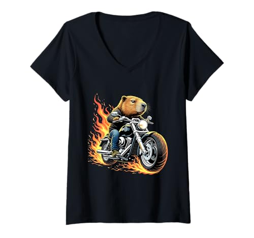 Damen Capybara fährt Motorrad, Design: Lustiges Capybara T-Shirt mit V-Ausschnitt Damen Capybara fährt Motorrad, Design: Lustiges Capybara T-Shirt mit V-Ausschnitt von Capybara Lovers Designs