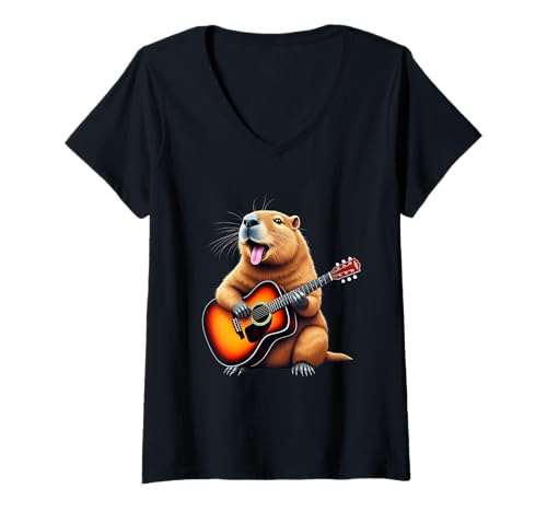 Damen Lustiges Capybara spielt Gitarre Design für Musikliebhaber T-Shirt mit V-Ausschnitt Damen Lustiges Capybara spielt Gitarre Design für Musikliebhaber T-Shirt mit V-Ausschnitt von Capybara Lovers Designs
