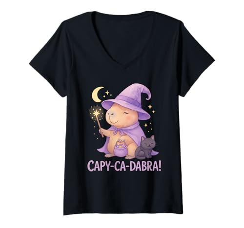 Damen Capybara Halloween Hexenkostüm für süße Zauberfans T-Shirt mit V-Ausschnitt Damen Capybara Halloween Hexenkostüm für süße Zauberfans T-Shirt mit V-Ausschnitt von Capybara Lovers Pastel Magical Ghost Animal Theme