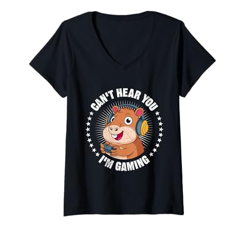 Damen Gamer CAN'T HEAR YOU I'M GAMING Lustiges Capybara Fans T-Shirt mit V-Ausschnitt von Capybara Lustig Geschenk Wasserschwein Shirt