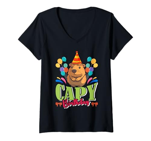 Damen Geburtstag CAPY BDAY Wasserschwein Lustiges Capybara T-Shirt mit V-Ausschnitt von Capybara Lustig Geschenk Wasserschwein Shirt