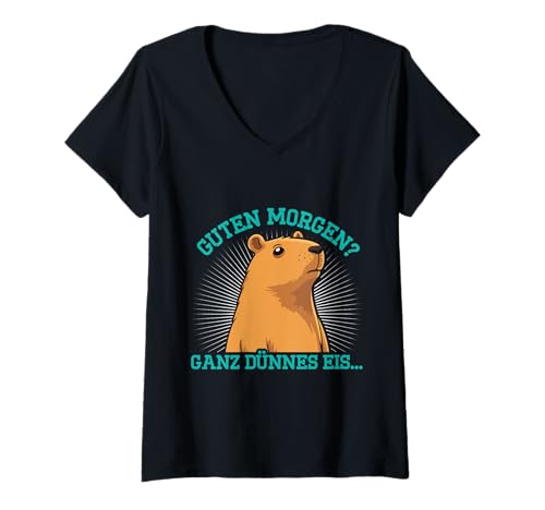Damen Morgenmuffel GUTEN MORGEN? GANZ DÜNNES EIS Lustig Capybara T-Shirt mit V-Ausschnitt von Capybara Lustig Geschenk Wasserschwein Shirt