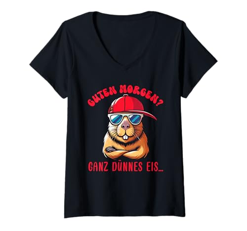 Damen Morgenmuffel GUTEN MORGEN? GANZ DÜNNES EIS Lustig Capybara T-Shirt mit V-Ausschnitt von Capybara Lustig Geschenk Wasserschwein Shirt