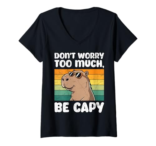 Damen Positivität DON'T WORRY TOO MUCH BE CAPY Lustig Capybara T-Shirt mit V-Ausschnitt von Capybara Lustig Geschenk Wasserschwein Shirt