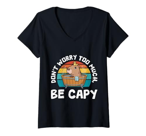 Damen Positivität DON'T WORRY TOO MUCH BE CAPY Lustig Capybara T-Shirt mit V-Ausschnitt von Capybara Lustig Geschenk Wasserschwein Shirt