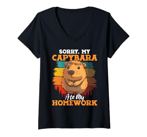 Damen Schüler SORRY MY CAPYBARA ATE MY HOMEWORK Lustig Capybaras T-Shirt mit V-Ausschnitt von Capybara Lustig Geschenk Wasserschwein Shirt