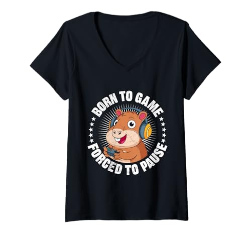 Damen Videospieler BORN FOR GAME FORCED TO PAUSE Lustig Capybara T-Shirt mit V-Ausschnitt von Capybara Lustig Geschenk Wasserschwein Shirt