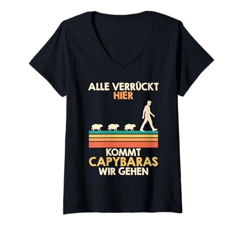 Damen Wasserschwein ALLE VERRÜCKT HIER KOMMT CAPYBARAS Capybara T-Shirt mit V-Ausschnitt von Capybara Lustig Geschenk Wasserschwein Shirt