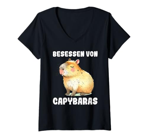 Damen Wasserschwein BESESSEN VON CAPYBARAS Lustiges Capybara T-Shirt mit V-Ausschnitt von Capybara Lustig Geschenk Wasserschwein Shirt