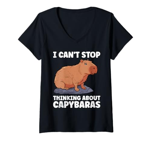 Damen Wasserschwein CAN'T STOP THINKING ABOUT CAPYBARAS Fans T-Shirt mit V-Ausschnitt von Capybara Lustig Geschenk Wasserschwein Shirt