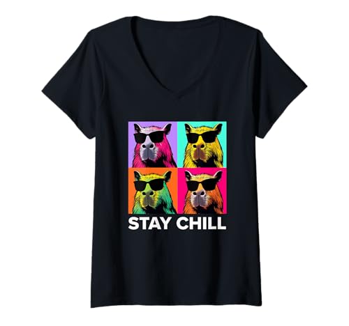Damen Wasserschwein COOL BLEIBEN Retro Lustiges Capybara T-Shirt mit V-Ausschnitt von Capybara Lustig Geschenk Wasserschwein Shirt