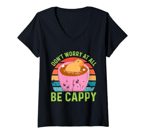 Damen Wasserschwein DON'T WORRY AT ALL BE CAPPY Lustig Capybara T-Shirt mit V-Ausschnitt von Capybara Lustig Geschenk Wasserschwein Shirt