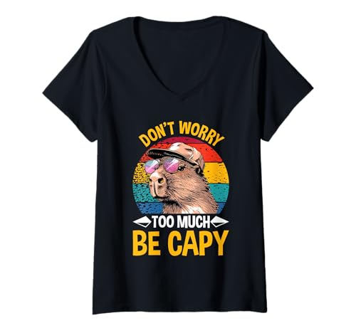 Damen Wasserschwein DON'T WORRY TOO MUCH BE CAPY Lustig Capybara T-Shirt mit V-Ausschnitt von Capybara Lustig Geschenk Wasserschwein Shirt