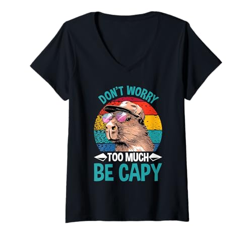 Damen Wasserschwein DON'T WORRY TOO MUCH BE CAPY Lustig Capybara T-Shirt mit V-Ausschnitt von Capybara Lustig Geschenk Wasserschwein Shirt