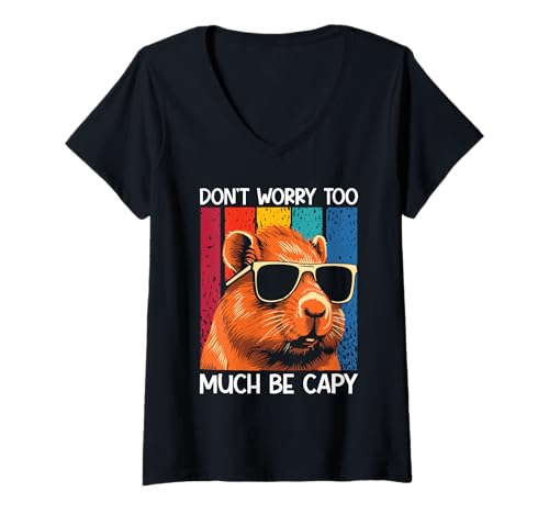 Damen Wasserschwein DON'T WORRY TOO MUCH BE CAPY Lustig Capybara T-Shirt mit V-Ausschnitt von Capybara Lustig Geschenk Wasserschwein Shirt