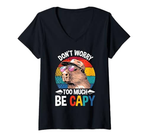 Damen Wasserschwein DON'T WORRY TOO MUCH BE CAPY Lustig Capybara T-Shirt mit V-Ausschnitt von Capybara Lustig Geschenk Wasserschwein Shirt