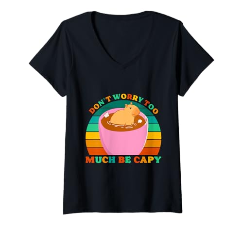 Damen Wasserschwein DON'T WORRY TOO MUCH BE CAPY Lustig Capybara T-Shirt mit V-Ausschnitt von Capybara Lustig Geschenk Wasserschwein Shirt