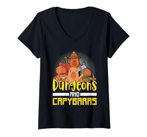 Damen Wasserschwein DUNGEONS AND CAPYBARAS Lustiges Capybara T-Shirt mit V-Ausschnitt von Capybara Lustig Geschenk Wasserschwein Shirt