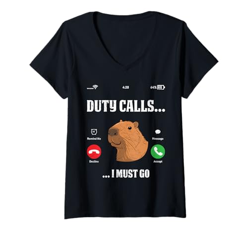 Damen Wasserschwein DUTY CALLS I MUST GO Lustiges Capybara T-Shirt mit V-Ausschnitt von Capybara Lustig Geschenk Wasserschwein Shirt