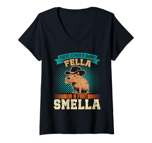 Damen Wasserschwein EITHER A SMART FELLA OR FART SMELLA Capybara T-Shirt mit V-Ausschnitt von Capybara Lustig Geschenk Wasserschwein Shirt