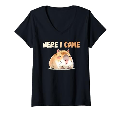 Damen Wasserschwein HERE I COME Capybara Lustiges Capybara Fans T-Shirt mit V-Ausschnitt von Capybara Lustig Geschenk Wasserschwein Shirt