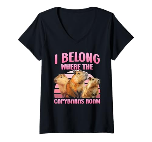 Damen Wasserschwein I BELONG WHERE THE CAPYBARAS ROAM Lustiges T-Shirt mit V-Ausschnitt von Capybara Lustig Geschenk Wasserschwein Shirt