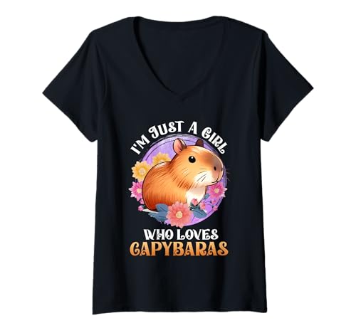 Damen Wasserschwein I'M JUST A GIRL WHO LOVES CAPYBARAS Capybara T-Shirt mit V-Ausschnitt von Capybara Lustig Geschenk Wasserschwein Shirt