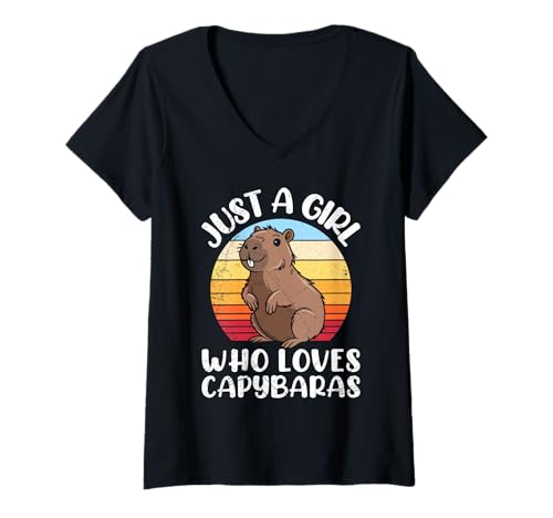 Damen Wasserschwein JUST A GIRL WHO LOVES CAPYBARAS Capybara T-Shirt mit V-Ausschnitt Damen Wasserschwein JUST A GIRL WHO LOVES CAPYBARAS Capybara T-Shirt mit V-Ausschnitt von Capybara Lustig Geschenk Wasserschwein Shirt