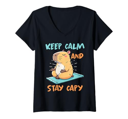 Damen Wasserschwein KEEP CALM AND STAY CAPY Lustiges Capybara T-Shirt mit V-Ausschnitt von Capybara Lustig Geschenk Wasserschwein Shirt