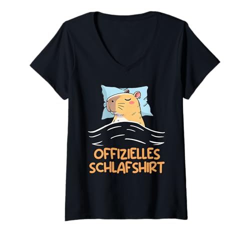 Damen Wasserschwein OFFIZIELLES SCHLAFSHIRT Lustiges Capybara T-Shirt mit V-Ausschnitt von Capybara Lustig Geschenk Wasserschwein Shirt