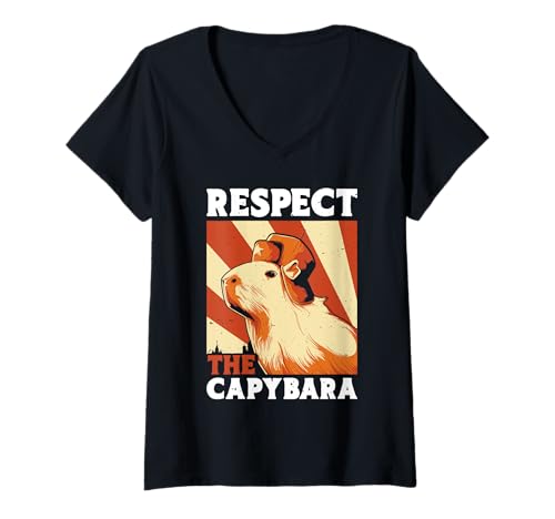 Damen Wasserschwein RESPECT THE CAPYBARA Lustiges Capybara Fans T-Shirt mit V-Ausschnitt von Capybara Lustig Geschenk Wasserschwein Shirt