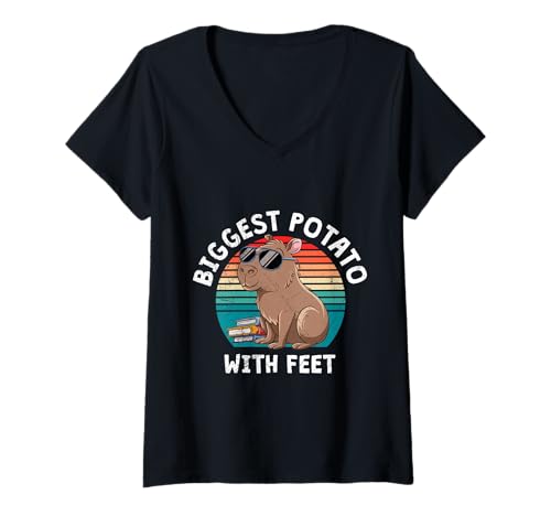 Damen Wasserschwein RIESIGE KARTOFFEL MIT FÜßEN Lustig Capybara T-Shirt mit V-Ausschnitt von Capybara Lustig Geschenk Wasserschwein Shirt
