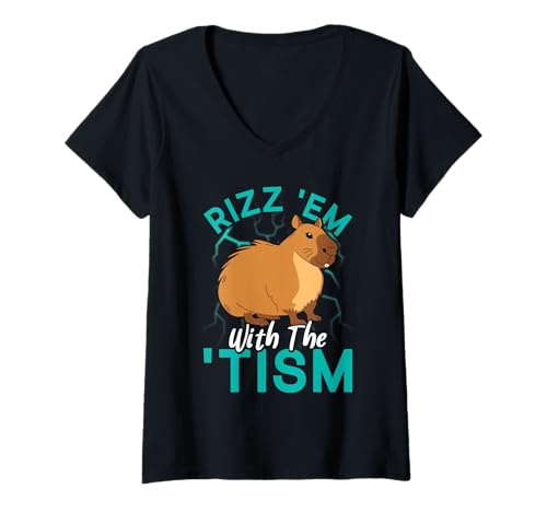 Damen Wasserschwein RIZZ 'EM WITH THE 'TISM Lustiges Capybara T-Shirt mit V-Ausschnitt von Capybara Lustig Geschenk Wasserschwein Shirt