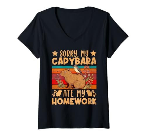 Damen Wasserschwein SORRY MY CAPYBARA ATE MY HOMEWORK Capybaras T-Shirt mit V-Ausschnitt von Capybara Lustig Geschenk Wasserschwein Shirt