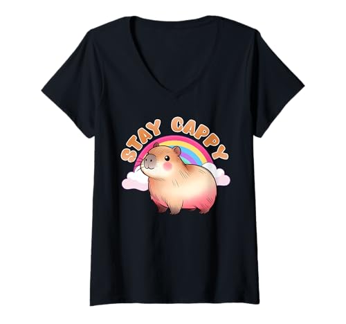 Damen Wasserschwein STAY CAPPY Regenbogen Lustiges Capybara T-Shirt mit V-Ausschnitt von Capybara Lustig Geschenk Wasserschwein Shirt