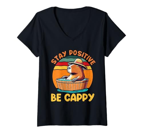 Damen Wasserschwein STAY POSITIVE BE CAPPY Lustig Capybara T-Shirt mit V-Ausschnitt von Capybara Lustig Geschenk Wasserschwein Shirt