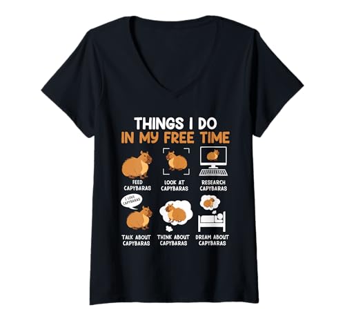 Damen Wasserschwein THINGS I DO IN MY SPARE TIME Lustig Capybara T-Shirt mit V-Ausschnitt von Capybara Lustig Geschenk Wasserschwein Shirt