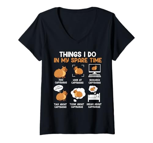 Damen Wasserschwein THINGS I DO IN MY SPARE TIME Lustig Capybara T-Shirt mit V-Ausschnitt von Capybara Lustig Geschenk Wasserschwein Shirt