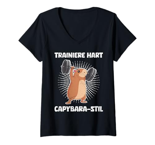 Damen Wasserschwein TRAINIERE HART CAPYBARA-STIL Lustig Capybara T-Shirt mit V-Ausschnitt von Capybara Lustig Geschenk Wasserschwein Shirt