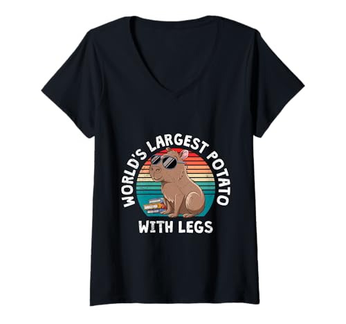 Damen Wasserschwein WORLD'S LARGEST POTATOE WITH LEGS Capybara T-Shirt mit V-Ausschnitt von Capybara Lustig Geschenk Wasserschwein Shirt