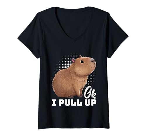 Damen Wasserschweine OK I PULL UP Motivation Lustiges Capybara T-Shirt mit V-Ausschnitt von Capybara Lustig Geschenk Wasserschwein Shirt