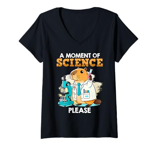 Damen Wissenschaftler A MOMENT OF SCIENCE PLEASE Lustig Capybara T-Shirt mit V-Ausschnitt von Capybara Lustig Geschenk Wasserschwein Shirt
