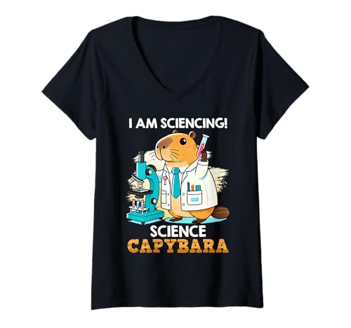 Damen Wissenschaftler I'M SCIENCING SCIENCE CAPYBARA Wasserschwei T-Shirt mit V-Ausschnitt von Capybara Lustig Geschenk Wasserschwein Shirt