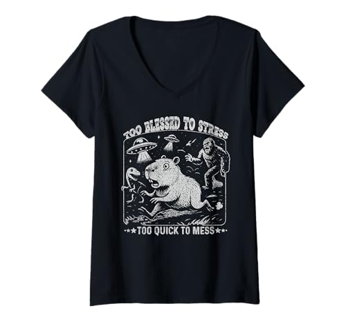 Damen Zu gesegnet, um den motivierenden Capybara Bigfoot zu betonen T-Shirt mit V-Ausschnitt Damen Zu gesegnet, um den motivierenden Capybara Bigfoot zu betonen T-Shirt mit V-Ausschnitt von Capybara Motivational Apparel Co.