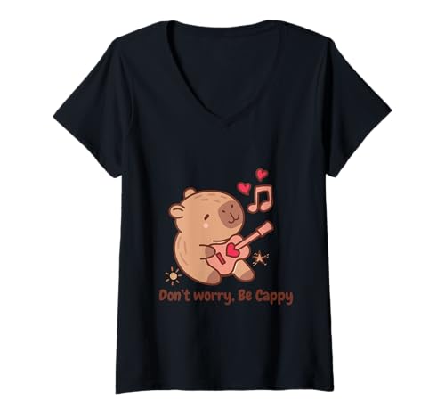 Damen Don't Worry Be Cappy Musical Capybara T-Shirt mit V-Ausschnitt Damen Don't Worry Be Cappy Musical Capybara T-Shirt mit V-Ausschnitt von Capybara Music Vibes Relaxation Fun