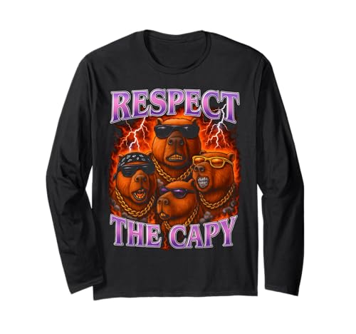 Capybara Lustiges T-Shirt für Jungen und Y2K Men Respect The Capy Langarmshirt von Capybara Nation