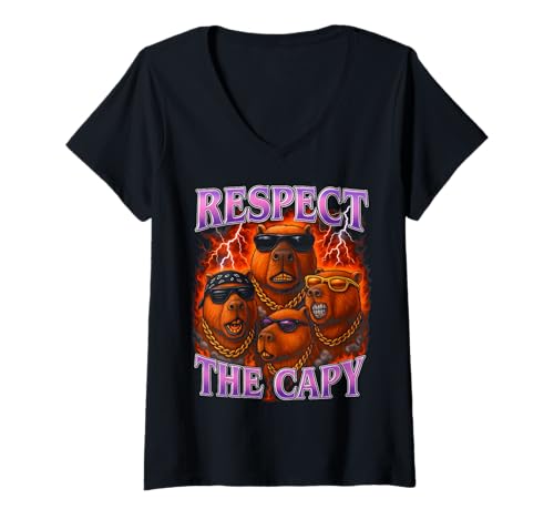 Damen Capybara Lustiges T-Shirt für Jungen und Y2K Men Respect The Capy T-Shirt mit V-Ausschnitt Damen Capybara Lustiges T-Shirt für Jungen und Y2K Men Respect The Capy T-Shirt mit V-Ausschnitt von Capybara Nation