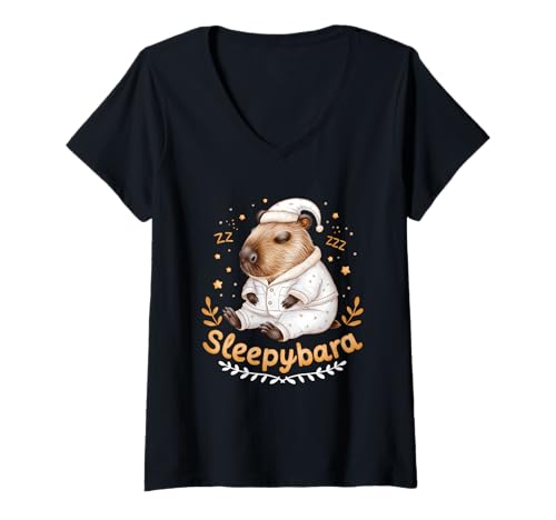 Damen Capybara Offizielles Schlaf-Pyjama, Nachthemd, Sleepybara, Nager T-Shirt mit V-Ausschnitt Damen Capybara Offizielles Schlaf-Pyjama, Nachthemd, Sleepybara, Nager T-Shirt mit V-Ausschnitt von Capybara Official Sleep Pajamas Nightgown0